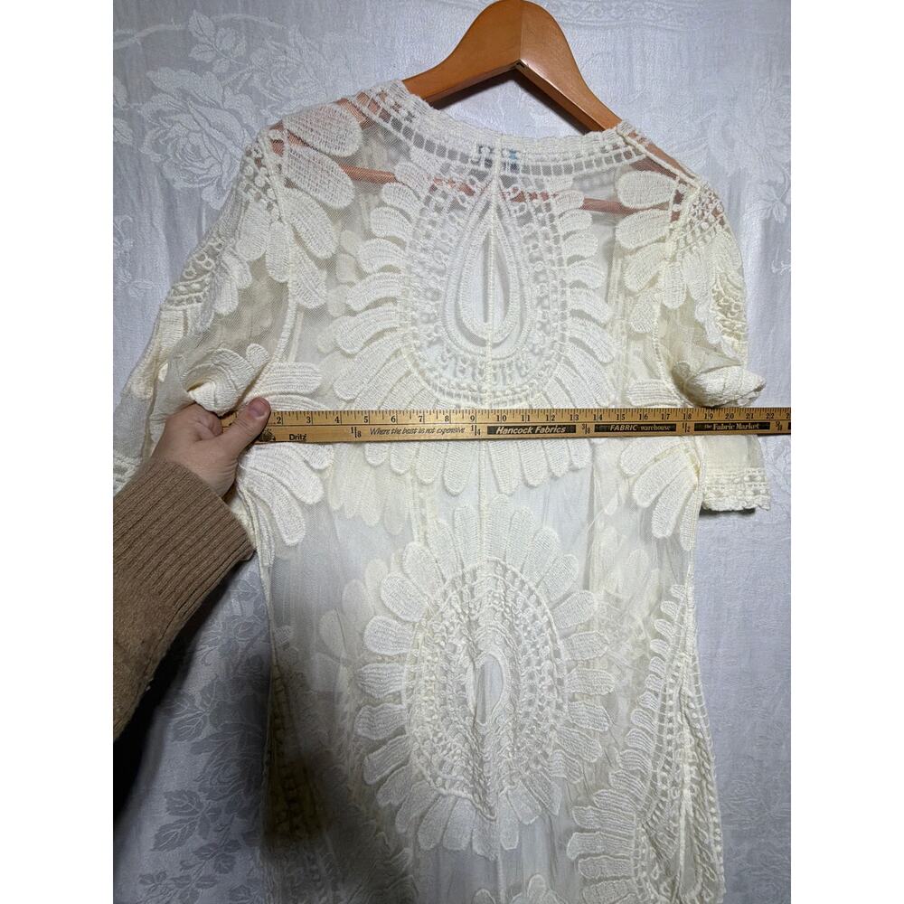 Rebellion Lace Cardigan Medium Cream Long Line Duster Open Short Sleeve Boho - Picture 6 of 7